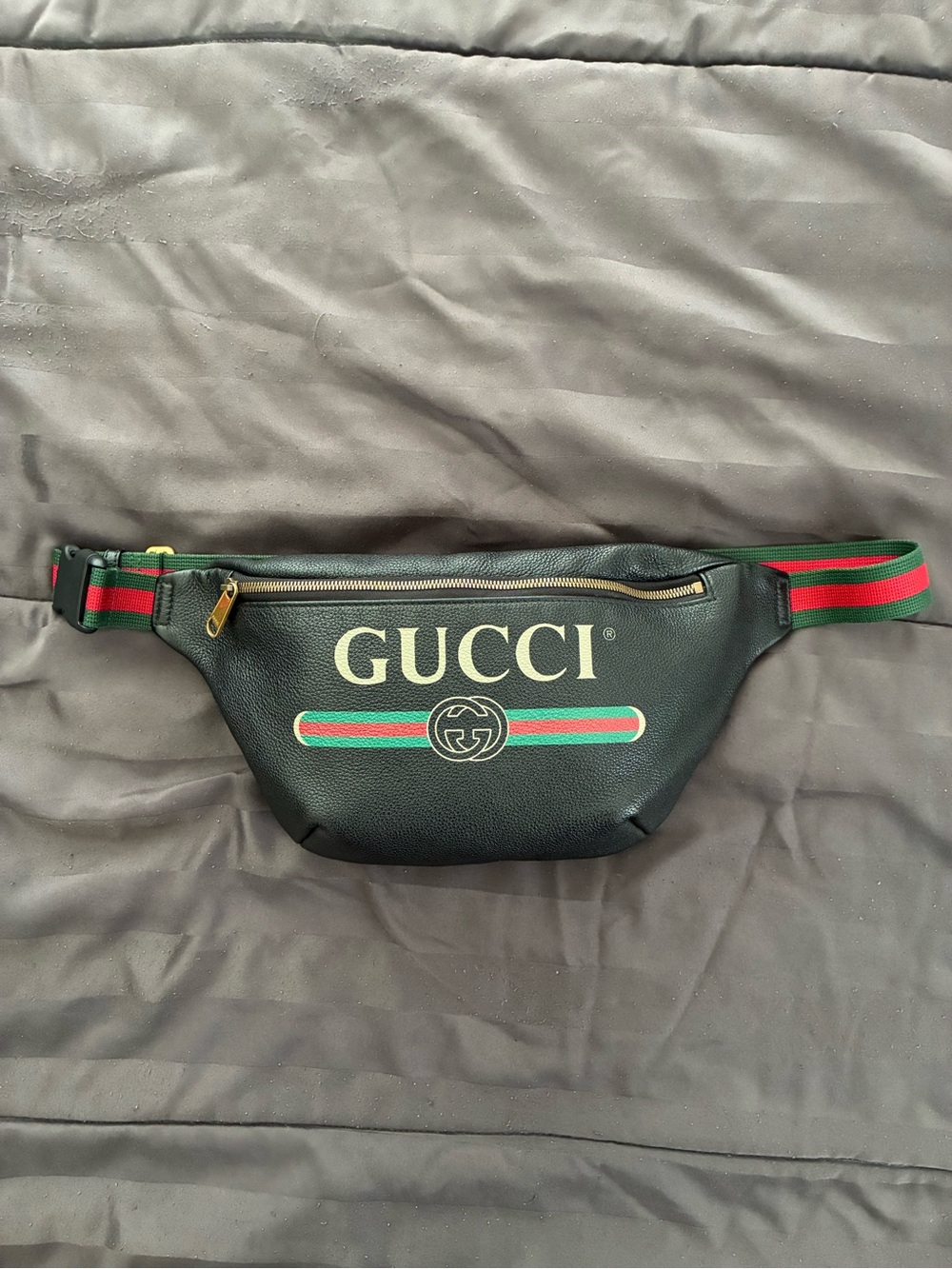 Gucci Black Leather Belt Bag with Red and Green Web Stripe